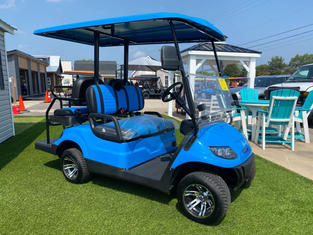 black and blue golf cart
