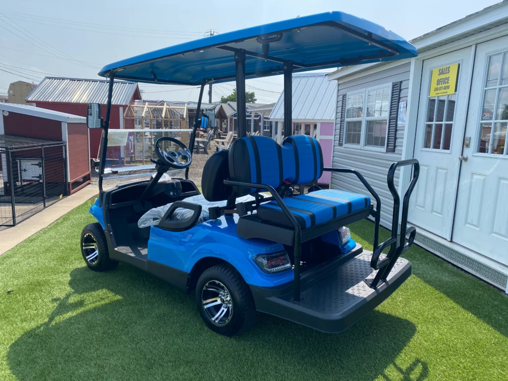 black and blue golf carts