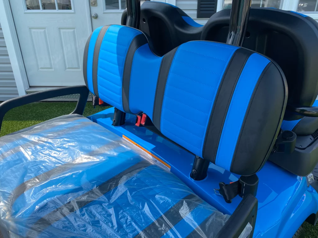 blue golf cart seats blue and black