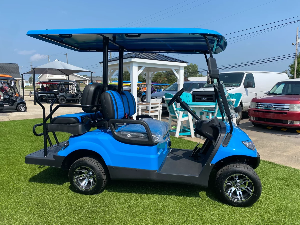 blue and black golf carts