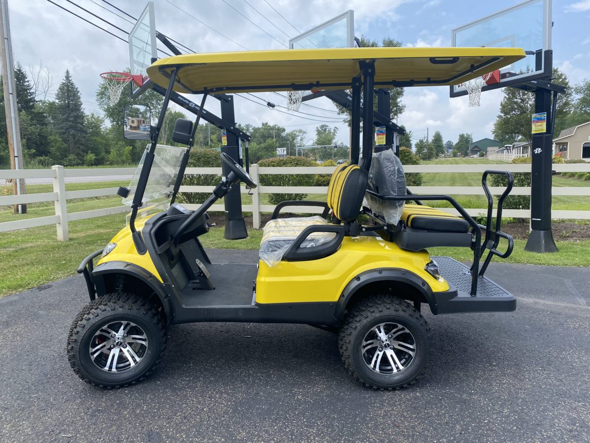 yellow and black golf carts